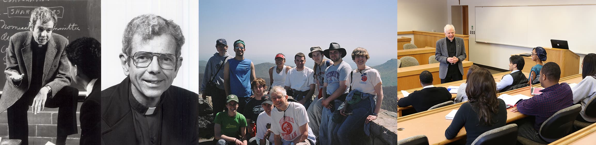 several images of fr cavanagh including old yearbook, teaching and immersion trip